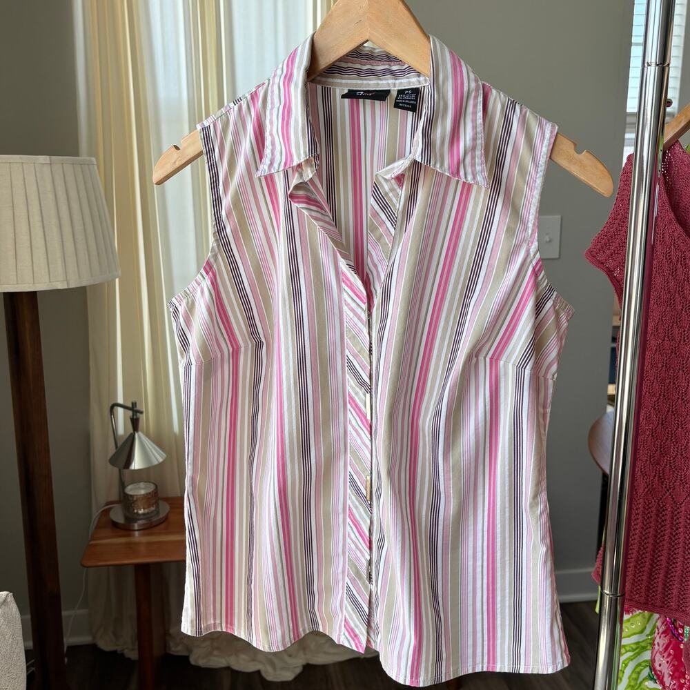 Y2K Vintage ALC Pink Striped Sleeveless Button Up Blouse Fitted Petite Small